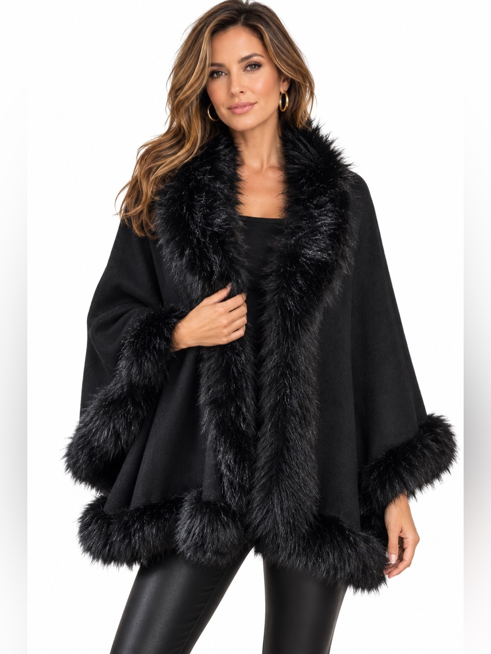 Black Faux Fur Trim Cape Poncho Wrap Old Money Glam One Size